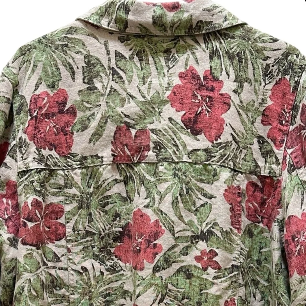 Charter Club 100% Linen Tropical Floral Jacket Medium Hibiscus Green Red